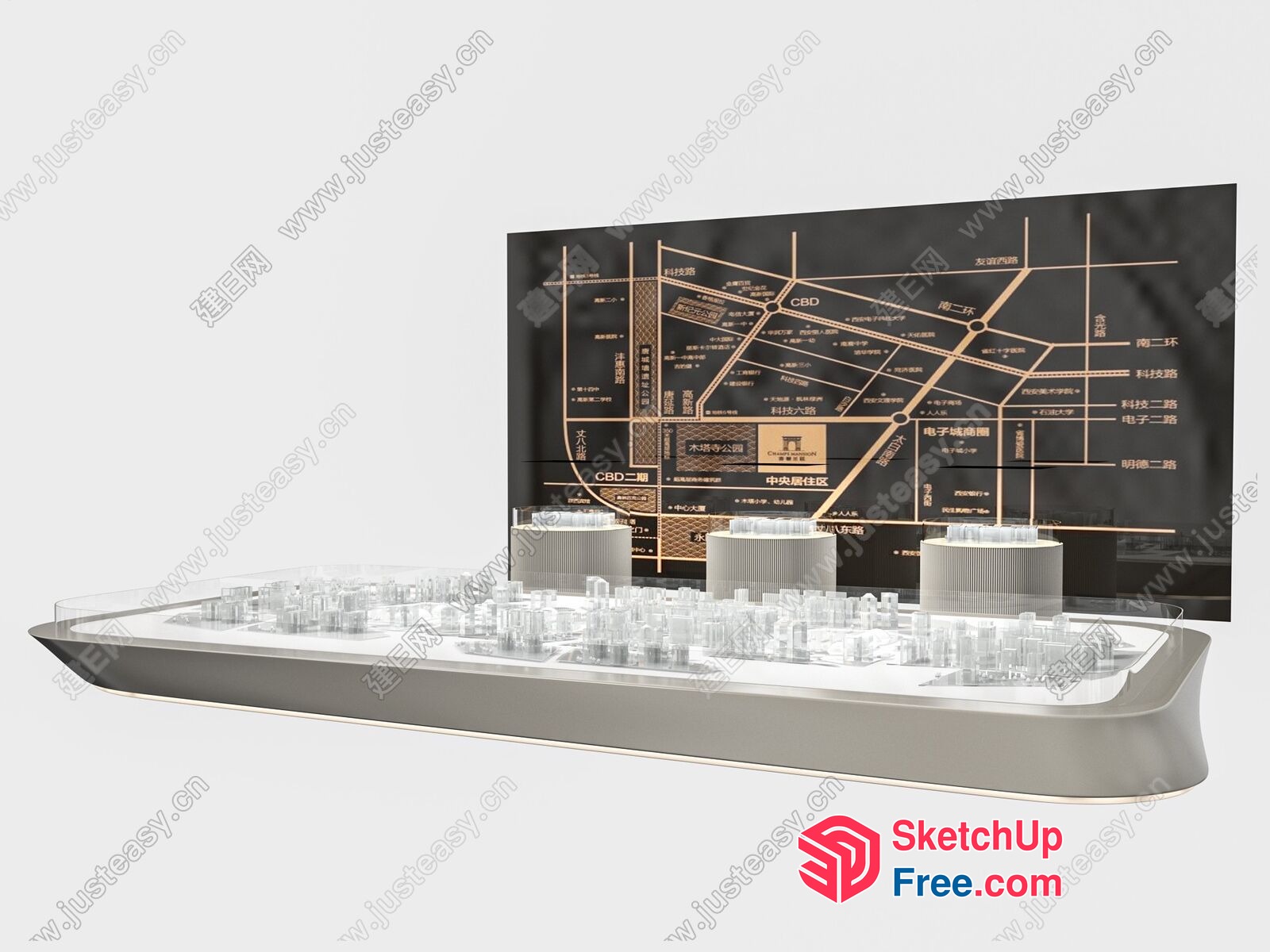 3D Model Of A City With A Large Building And A Map 3D SketchUp File