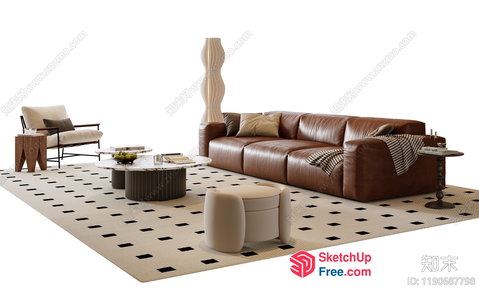 Modern Living Room With Leather Sofa And Patterned Rug 3D SketchUp File