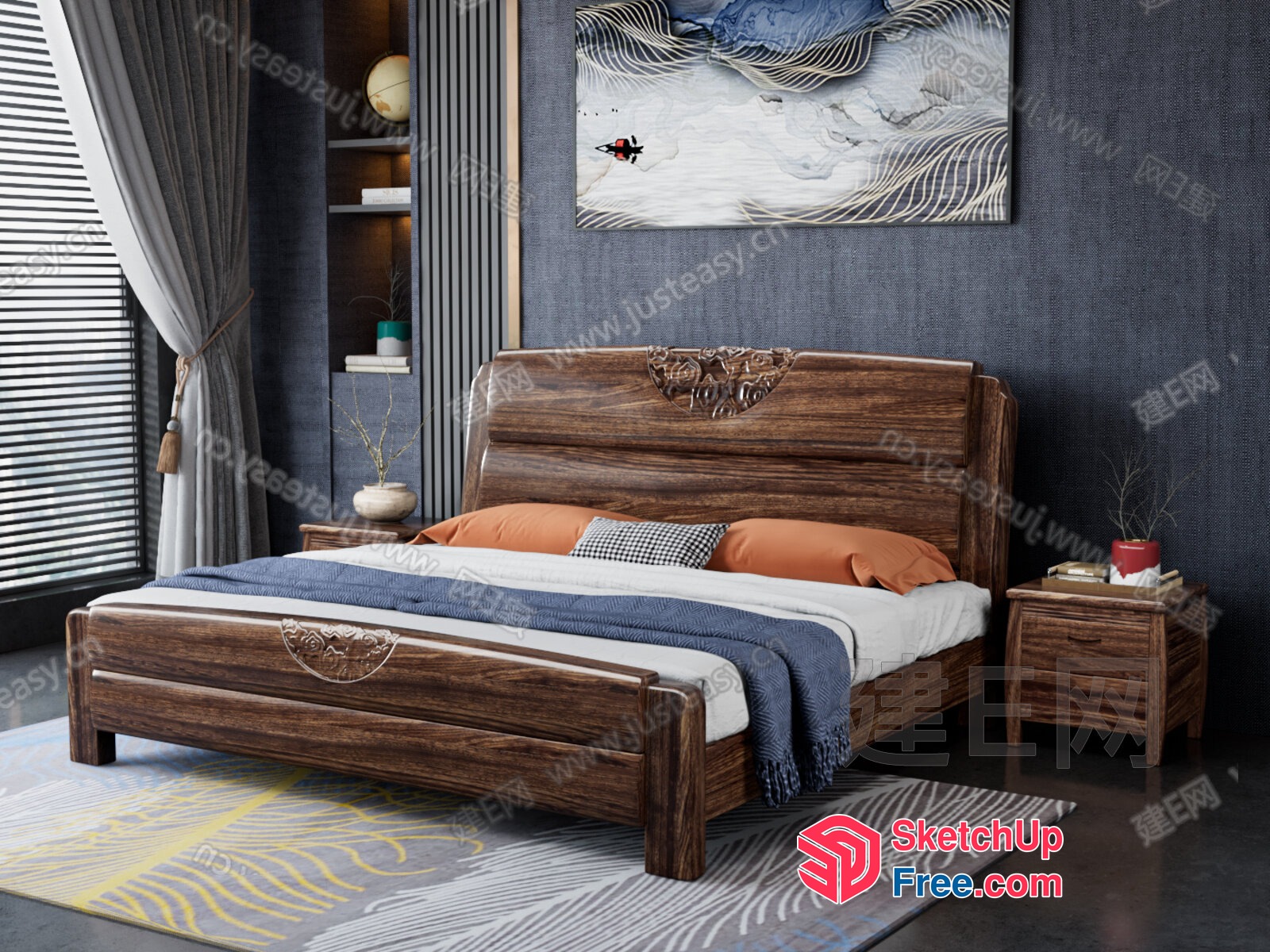 Elegant Wooden Bed With Matching Nightstands 3D SketchUp File