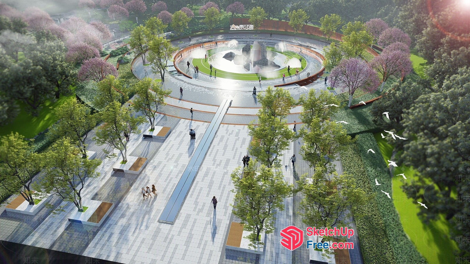 Modern Park Design With Circular Fountain And Walkway 3D SketchUp File
