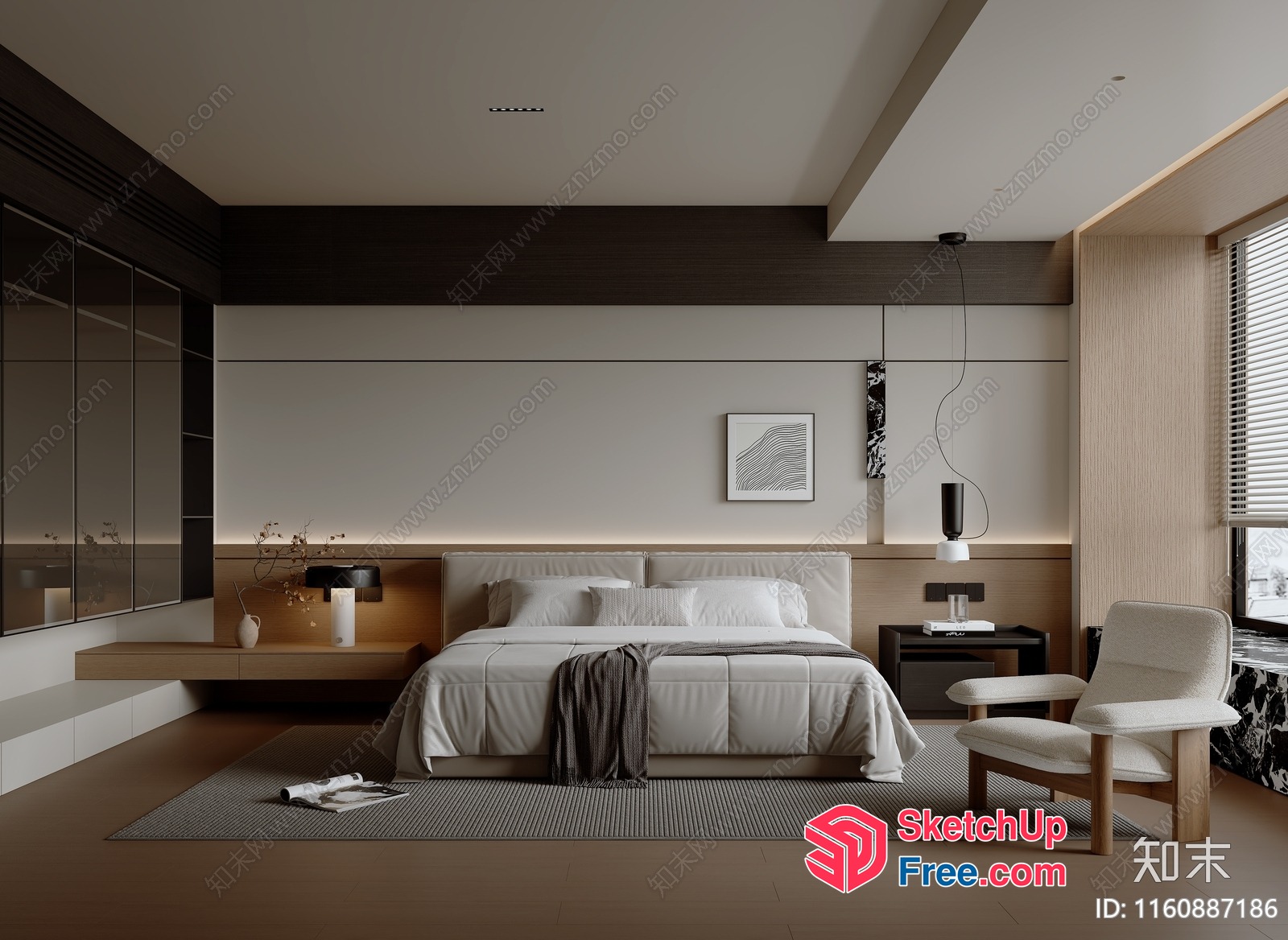 Modern Minimalist Japanese Style Bedroom With Soft Lighting 3D SketchUp File