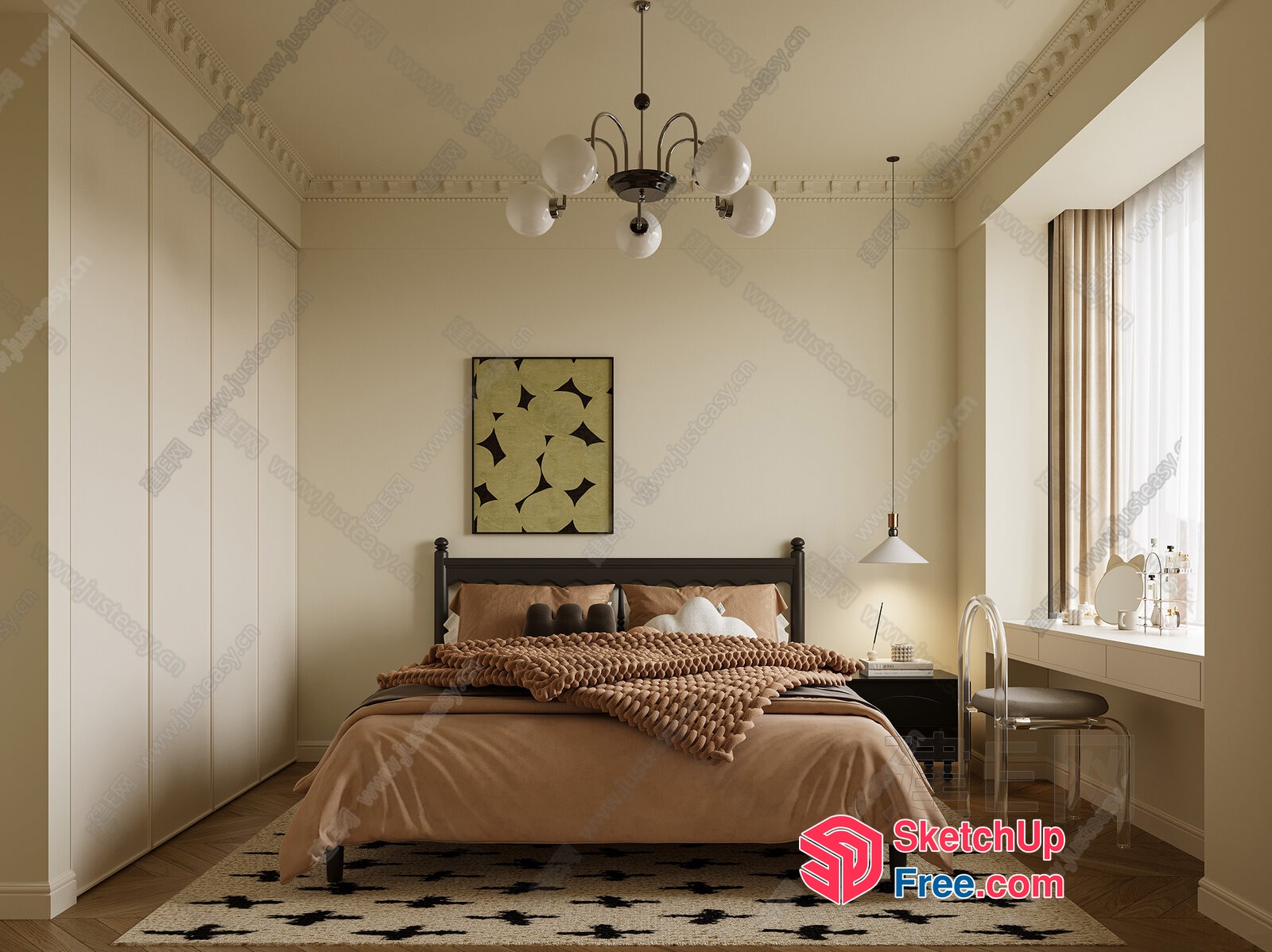 Elegant Creamy Style Bedroom Interior 3D SketchUp File