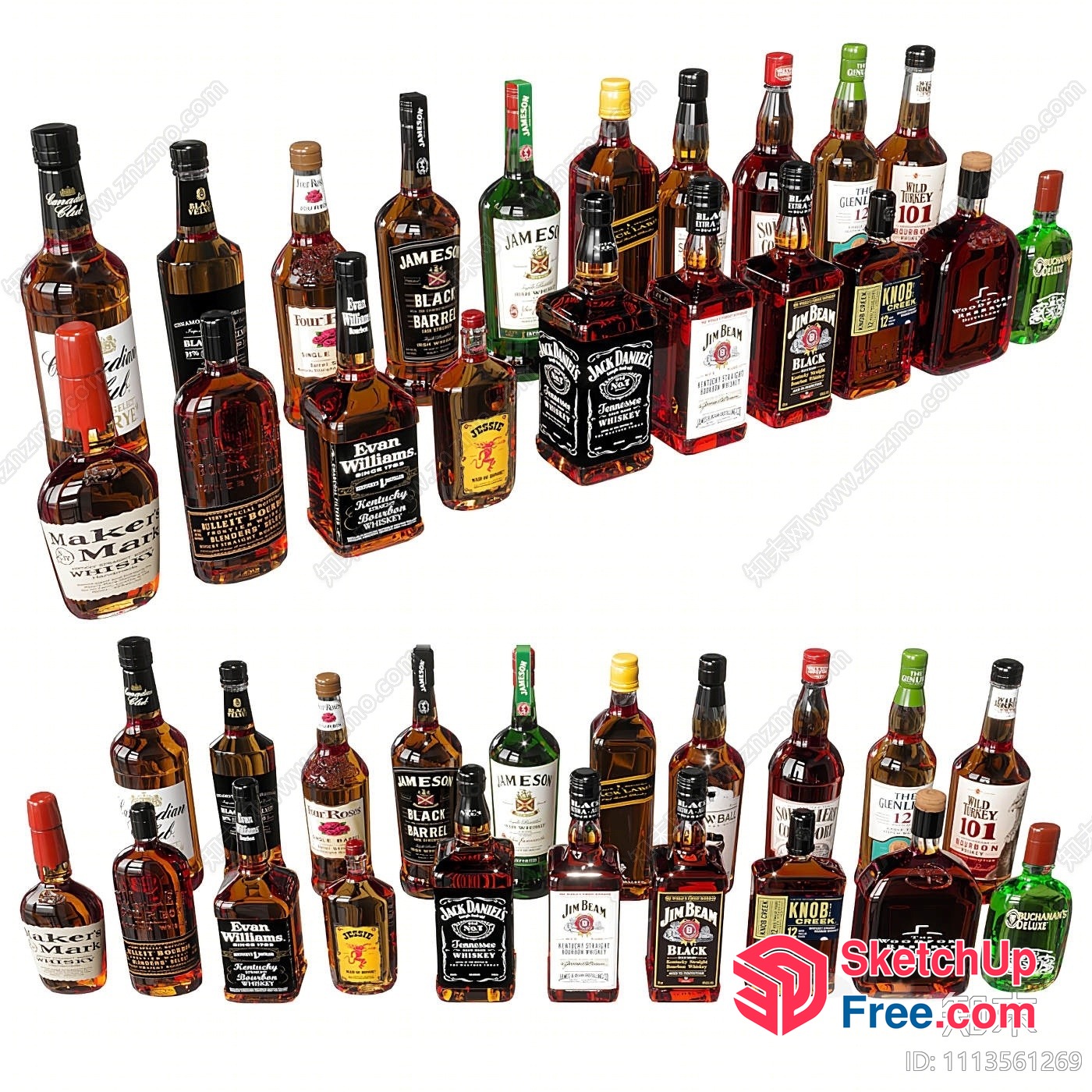 Bottles Of Various Whiskey Brands 3D SketchUp File