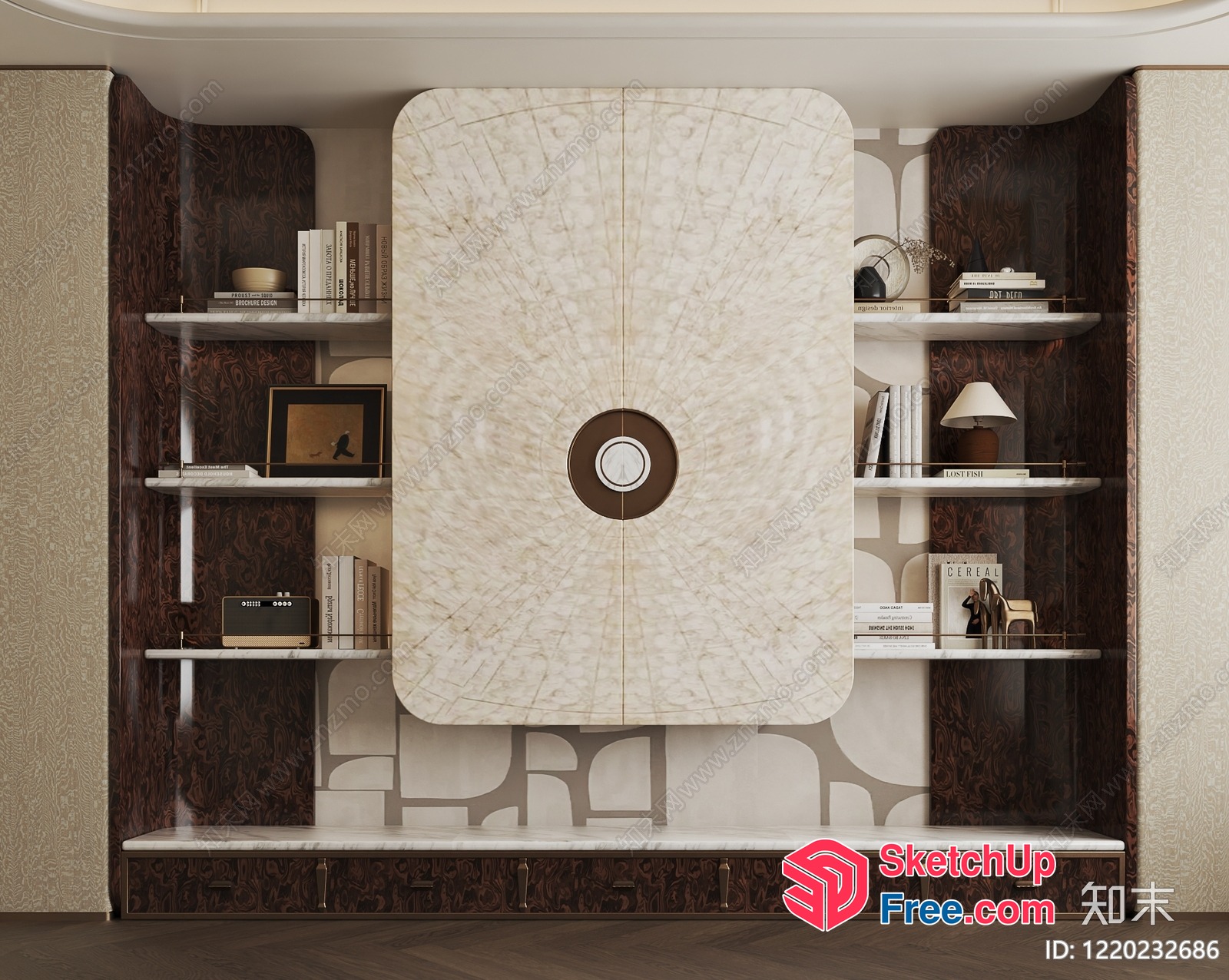 Elegant Creamy Style Bookcase With Marble Top And Brown Accents 3D SketchUp File