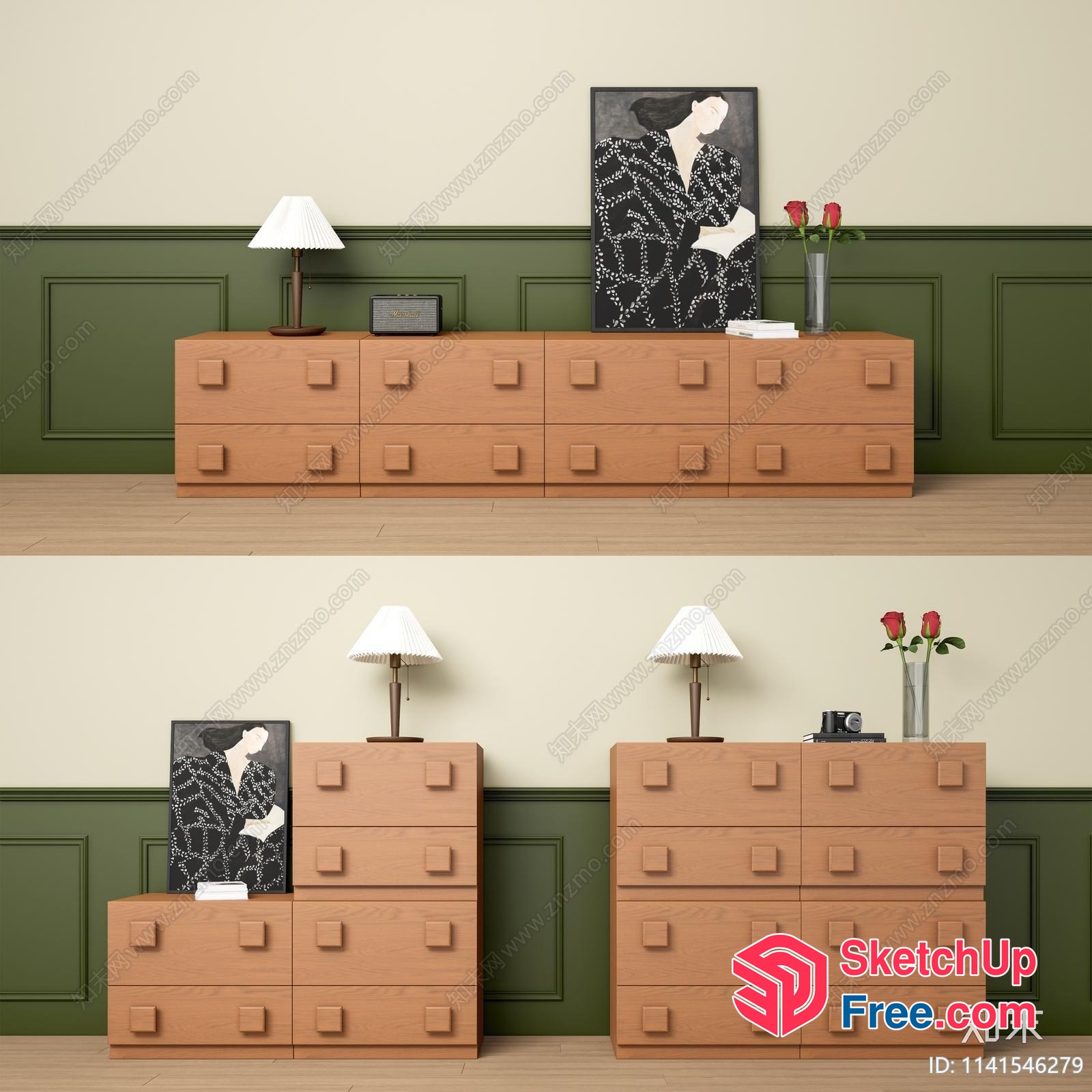 Modern Wood Dresser With Decorative Lamps And Artwork 3D SketchUp File