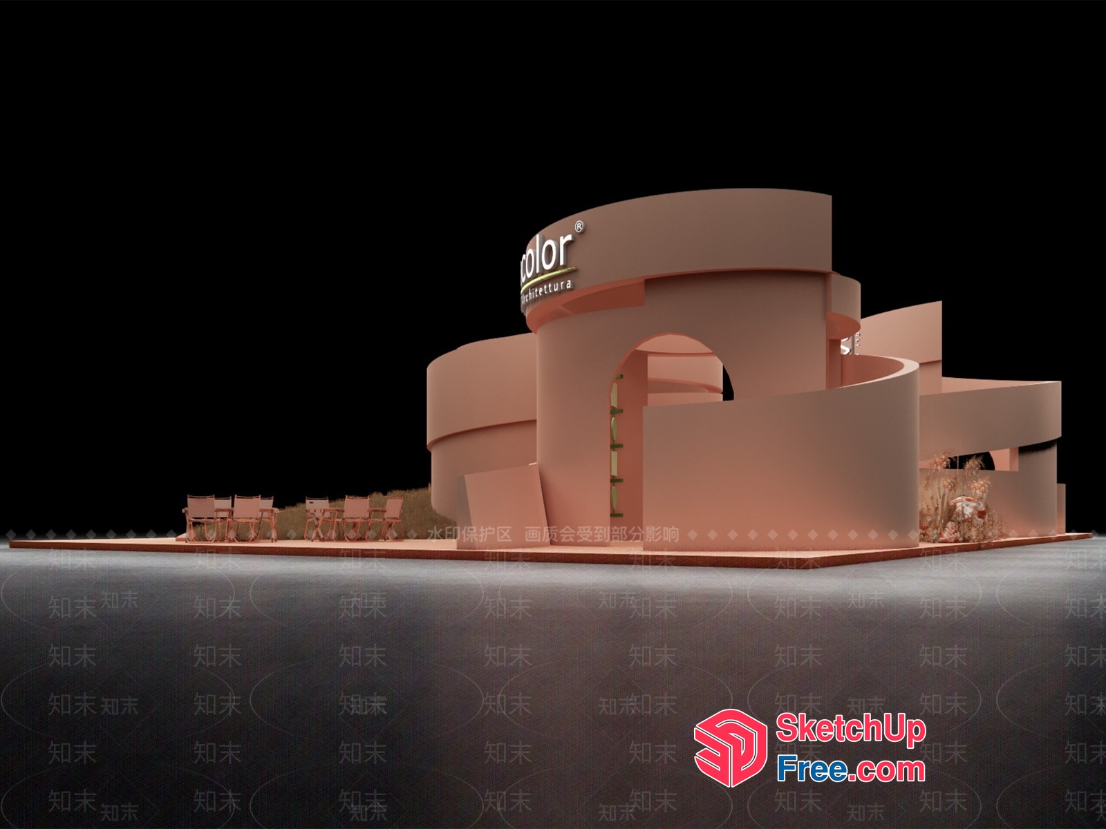 Architectural Model Of A Building With A Large Arched Entrance And A Flat Roof 3D SketchUp File