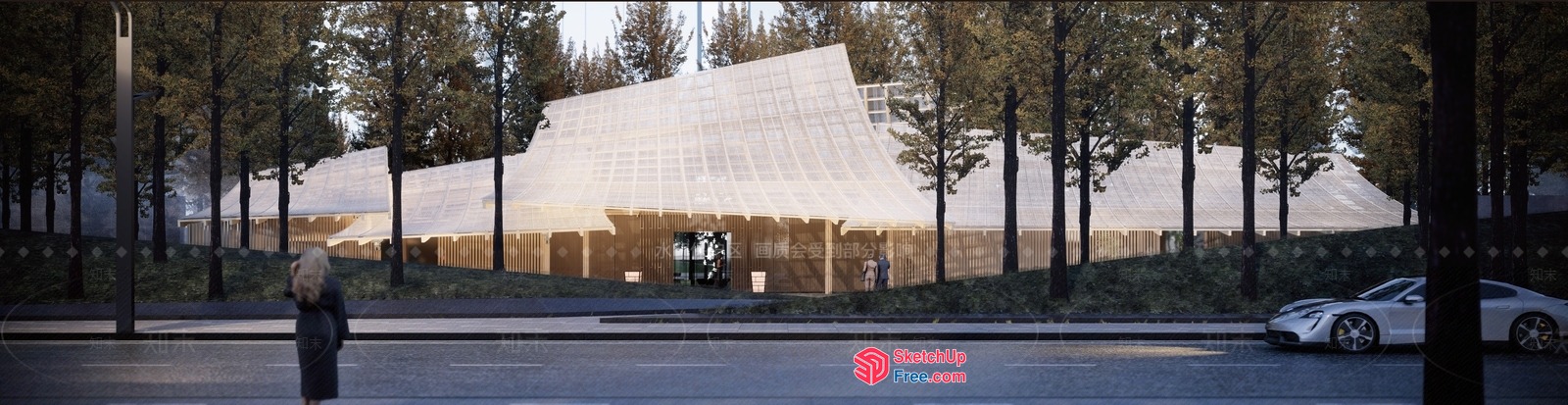 Modern Glass Building With Sleek Roof Synthesis 3D SketchUp File