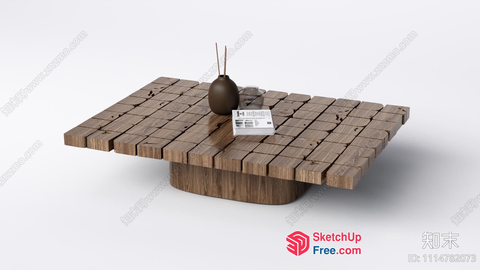 Minimalist Coffee Table With Wooden Planks And Ornate Vase 3D SketchUp File