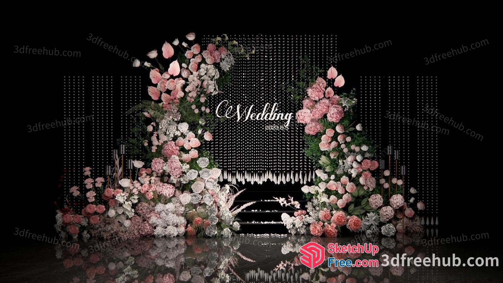 Elegant Wedding Stage With Pink And White Flowers 3D SketchUp File