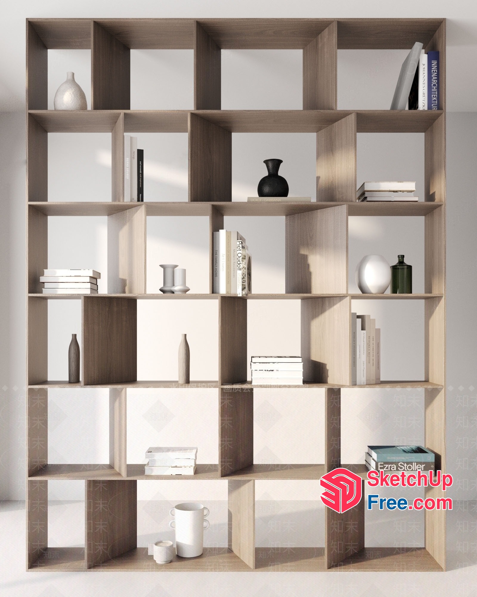 Modern Minimalist Wooden Bookcase With Decorative Vases And Books 3D SketchUp File