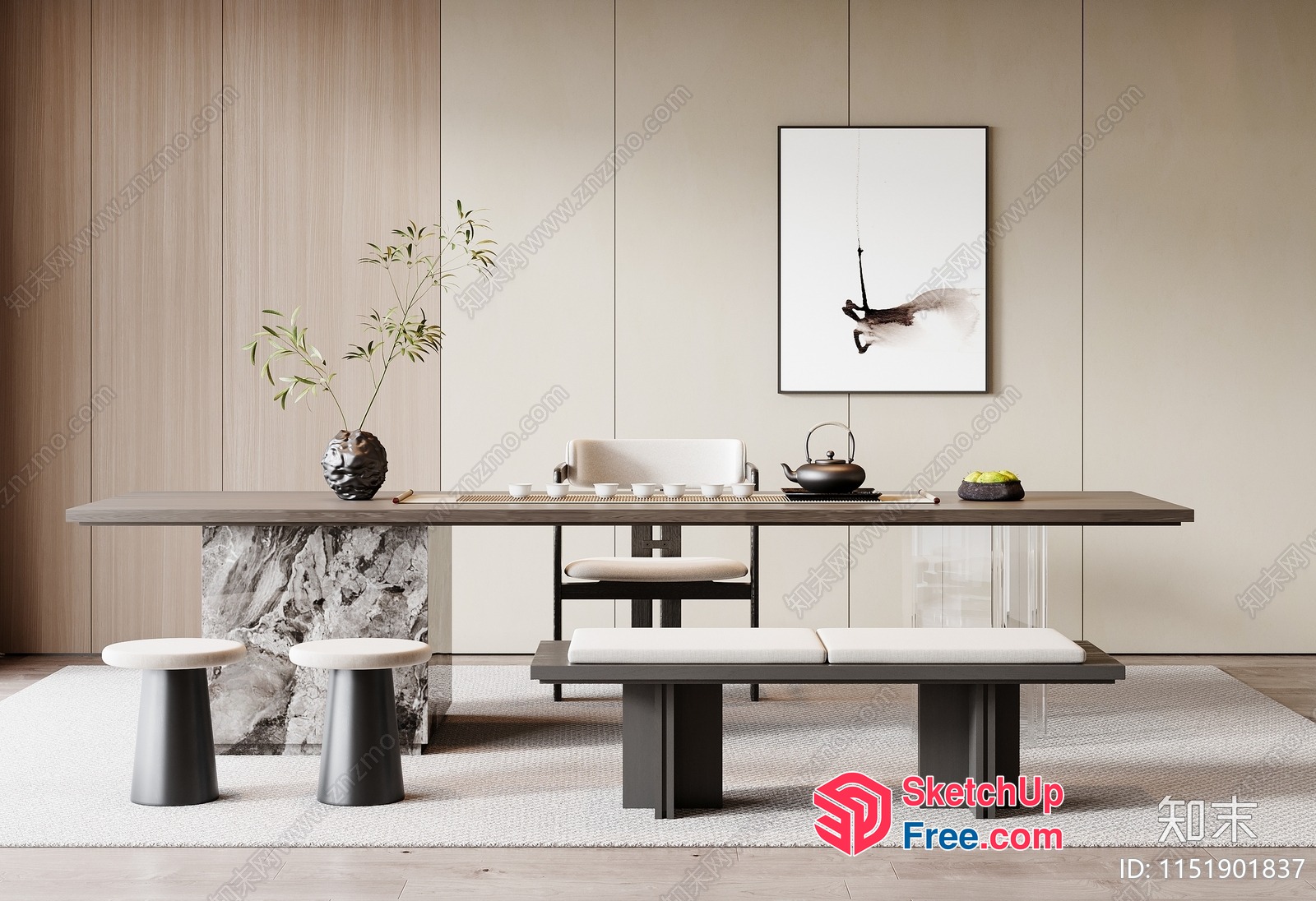 Modern Japanese-Inspired Minimalist Dining Room 3D SketchUp File