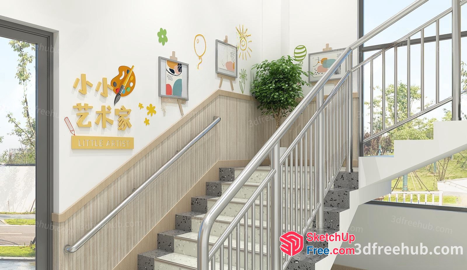 Staircase With Railings And Wall Decor 3D SketchUp File