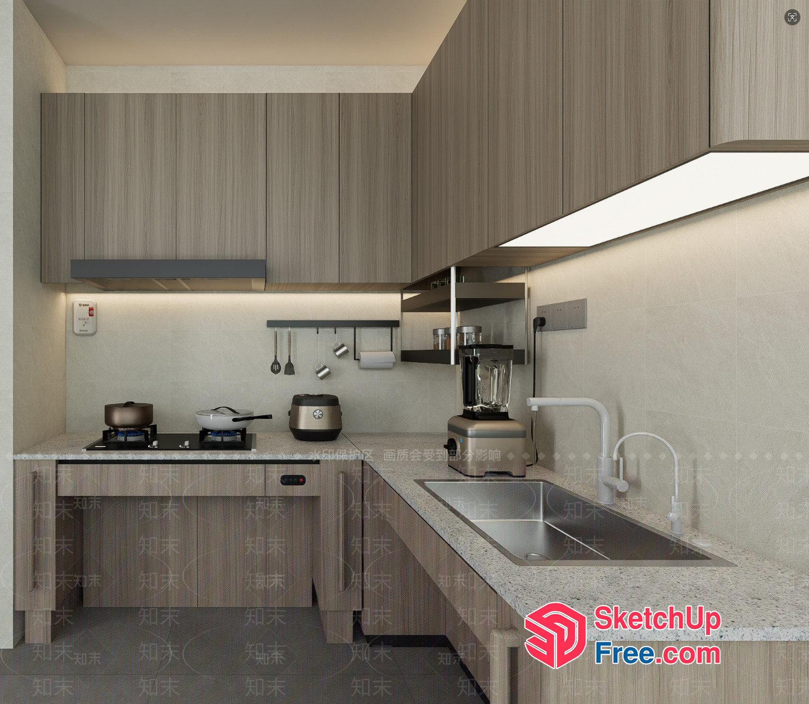 Modern Kitchen With Light Wood Cabinets And Stainless Steel Appliances 3D SketchUp File