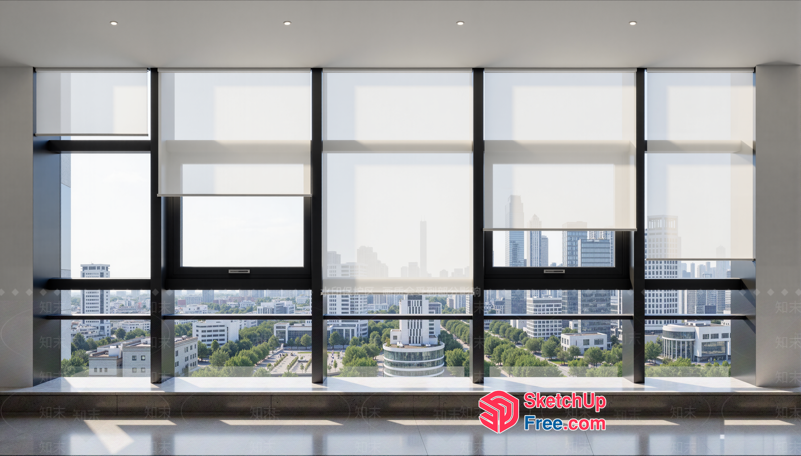 Modern Office Building Interior With Large Windows And City View 3D SketchUp File