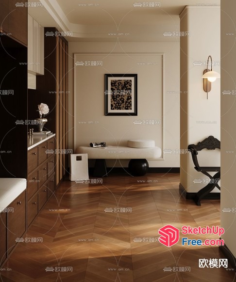 Elegant Creamy Style Interior With Wooden Floor 3D SketchUp File
