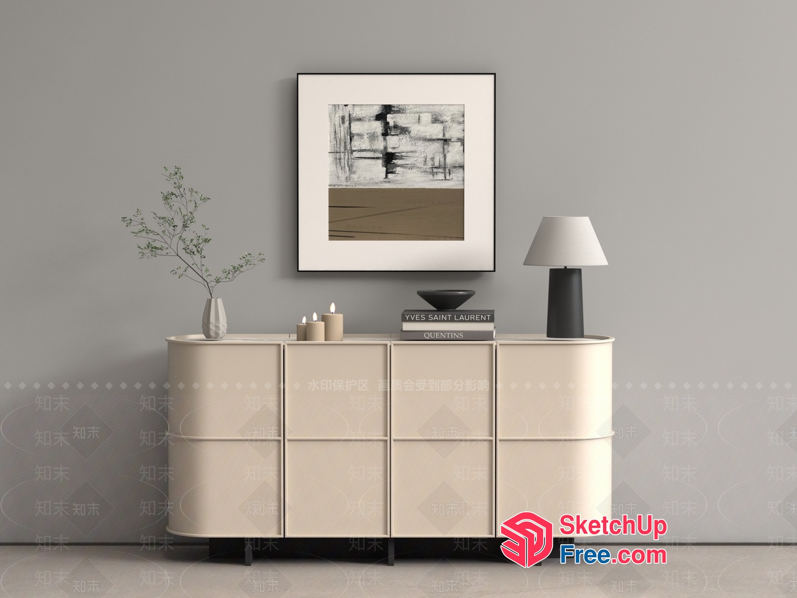 Modern Minimalist Creamy Style Sideboard With Elegant Decor 3D SketchUp File