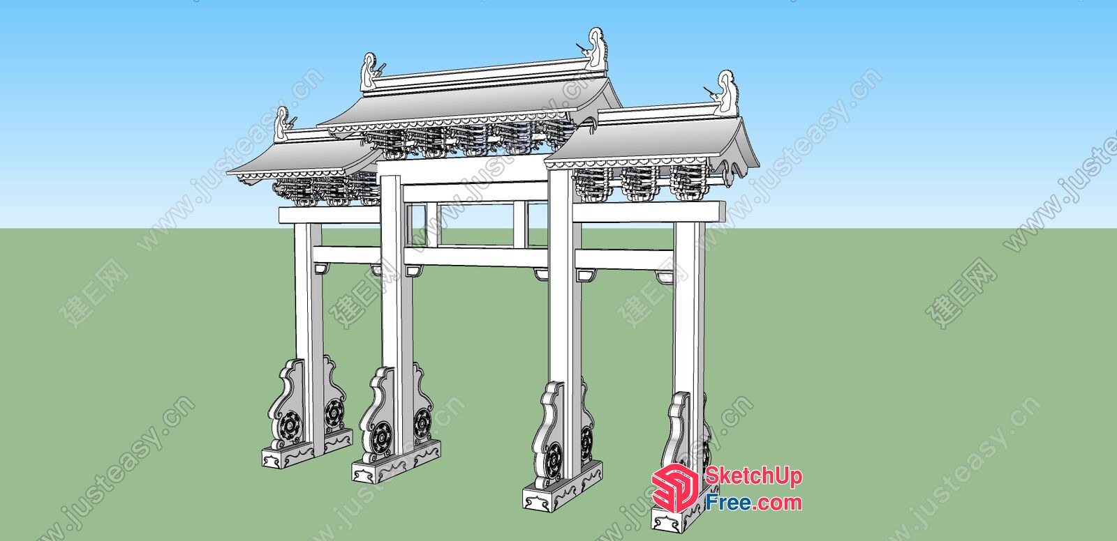 Traditional Asian Style Building Entrance With Ornate Roof 3D SketchUp File