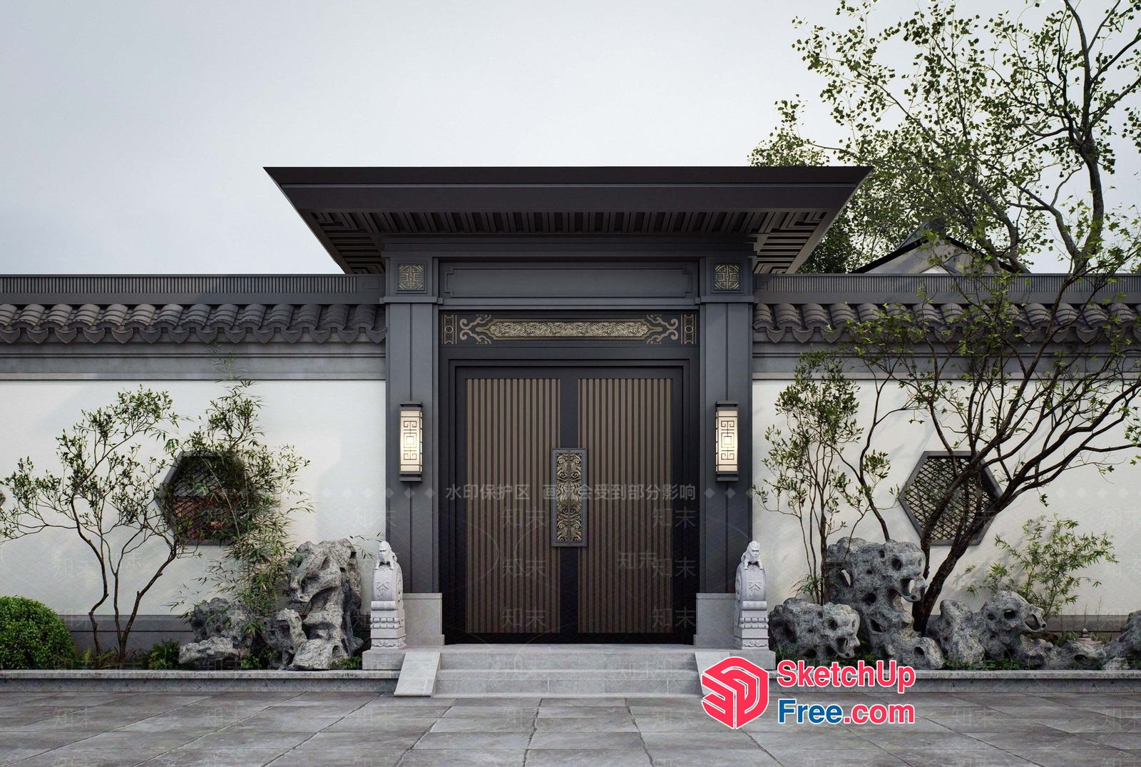 Traditional Chinese Style Entrance With Ornate Door 3D SketchUp File
