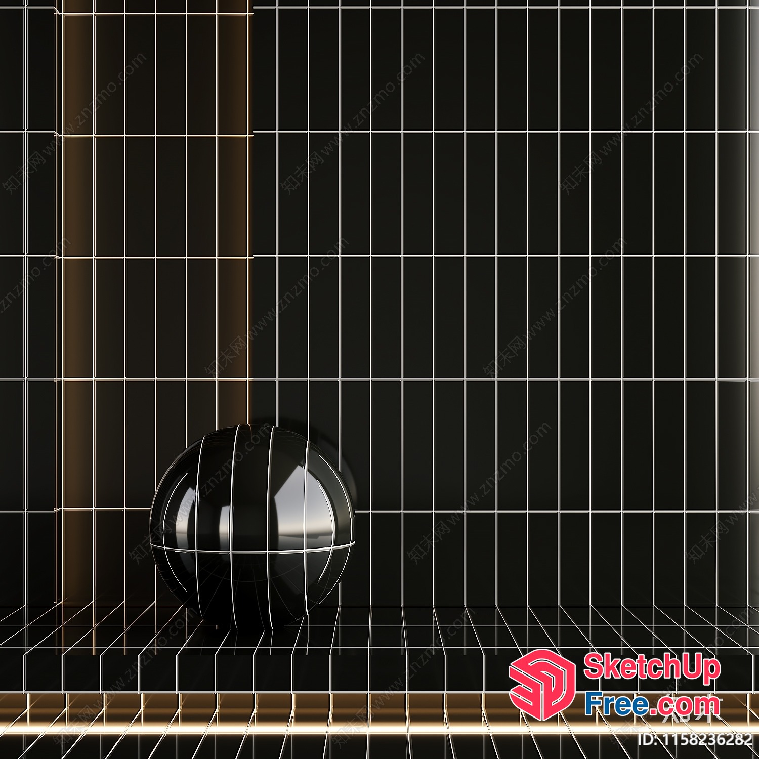 Black Sphere In A Grid Of Black And Gold Tiles 3D SketchUp File