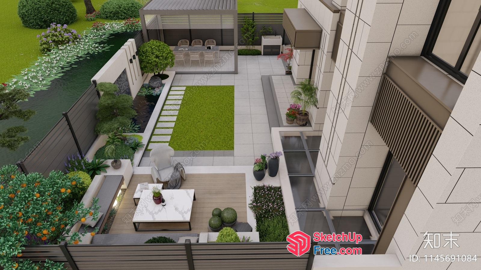 Modern Outdoor Patio With Elegant Furniture And Decor 3D SketchUp File