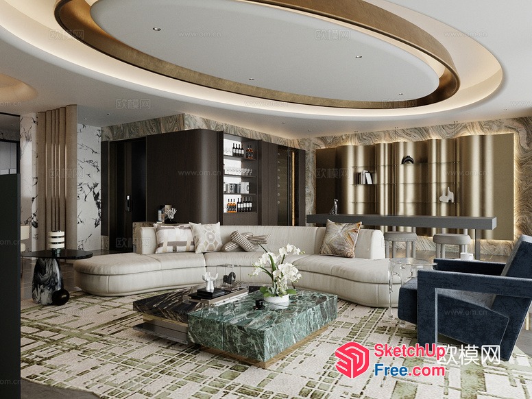 Luxurious Modern Living Room With Creamy Style And Marble Accents 3D SketchUp File