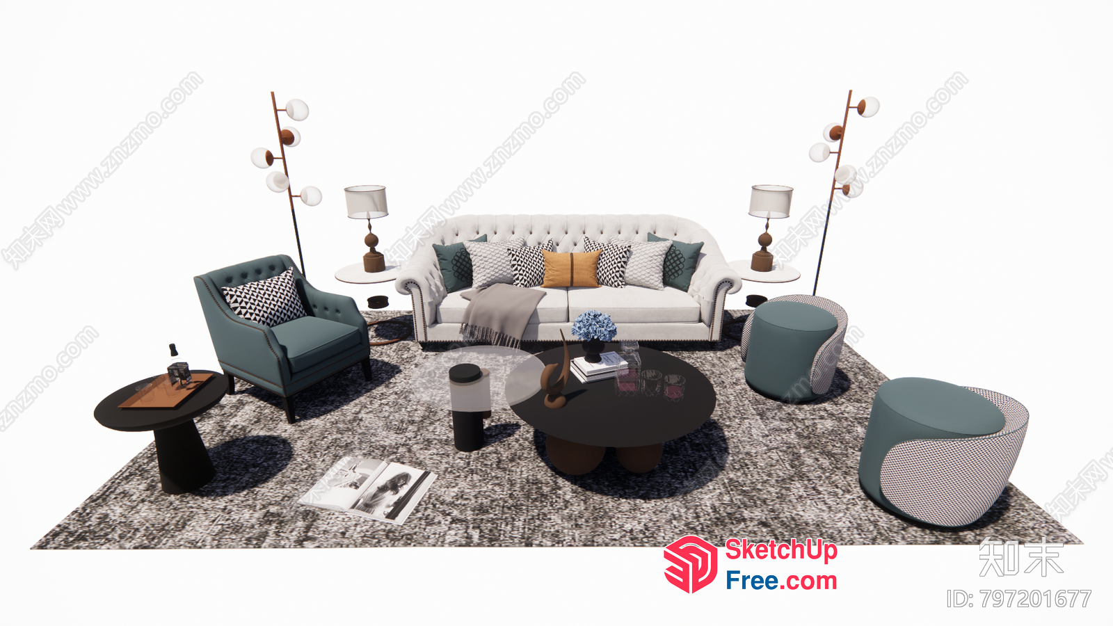 Modern Living Room With White Sofa And Accent Chairs 3D SketchUp File