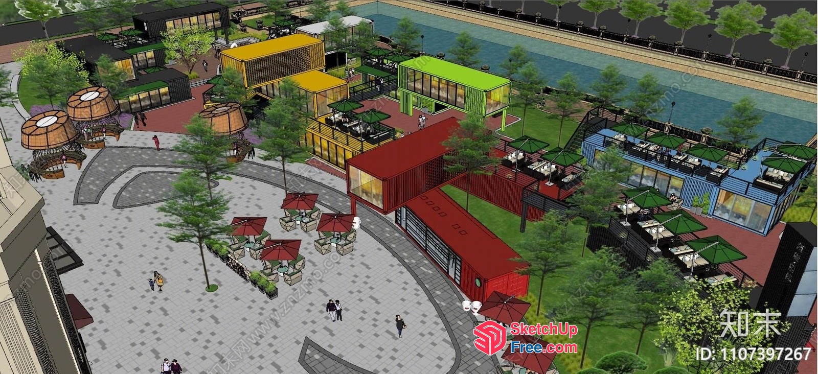 Modern Commercial Street With Vibrant Outdoor Seating And Shipping Container Buildings 3D SketchUp File
