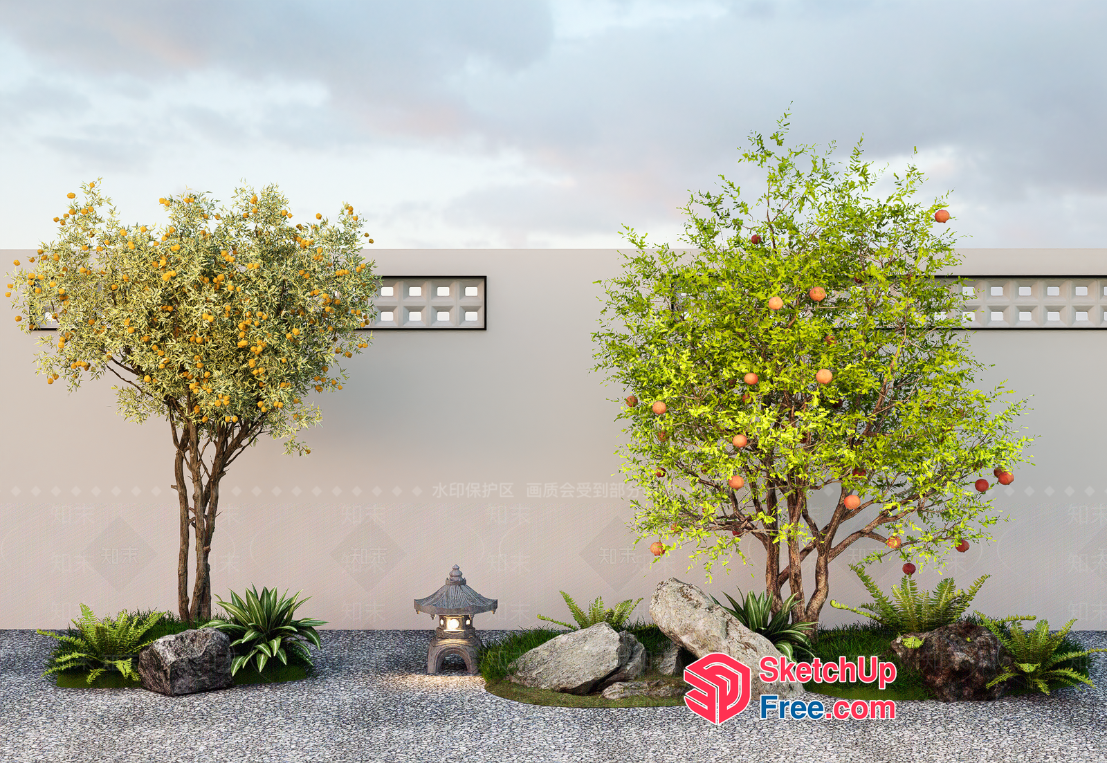 Asian-Inspired Garden Scene With Ornate Trees 3D SketchUp File