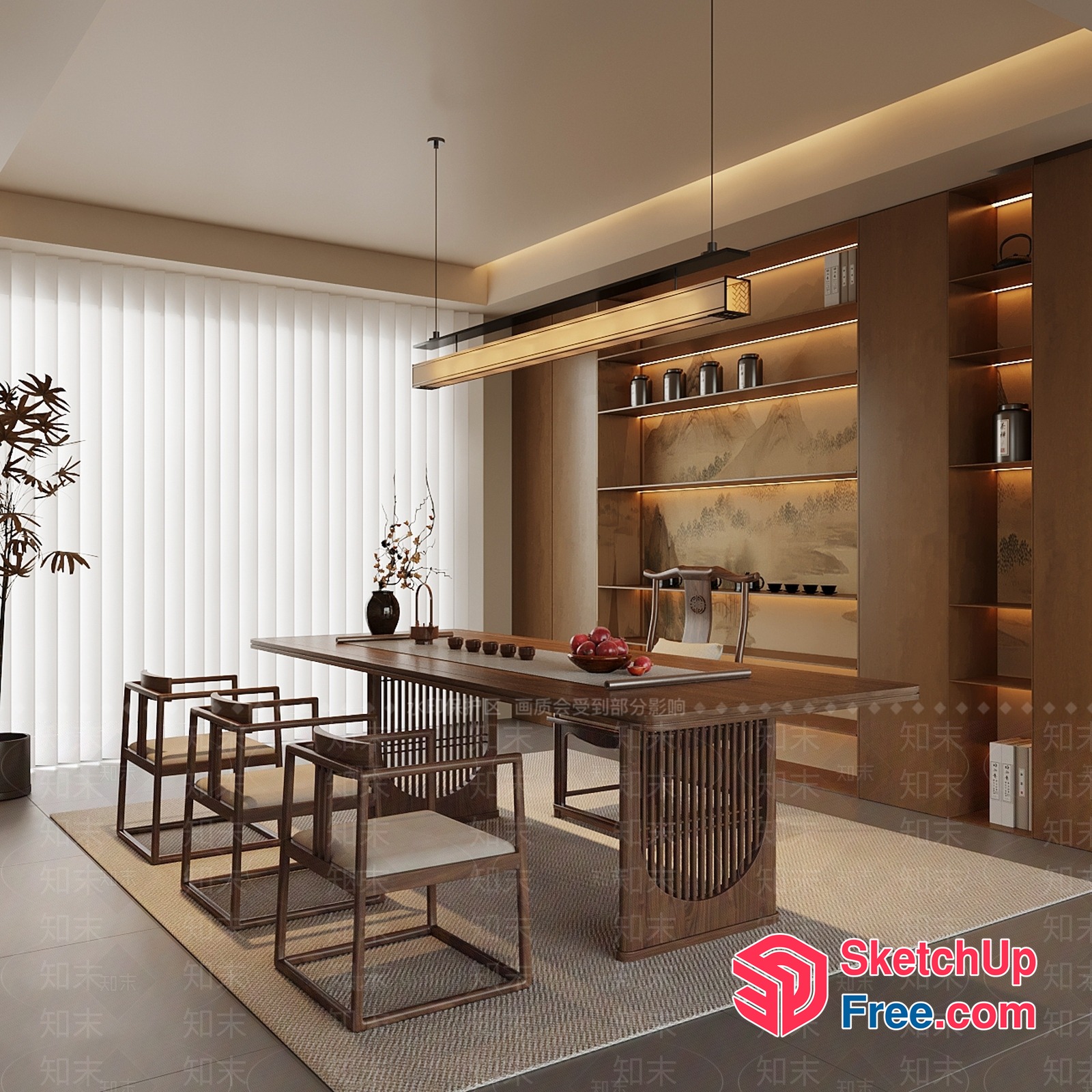 Modern Japanese-Style Dining Room With Natural Wood Accents 3D SketchUp File