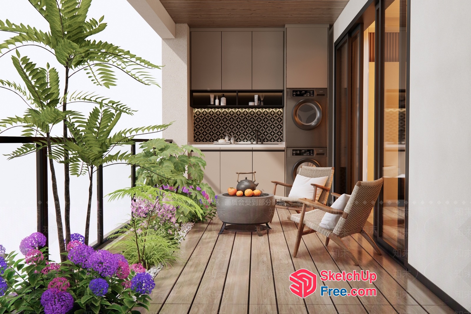Cozy Modern Balcony With Greenery And Relaxing Seating 3D SketchUp File