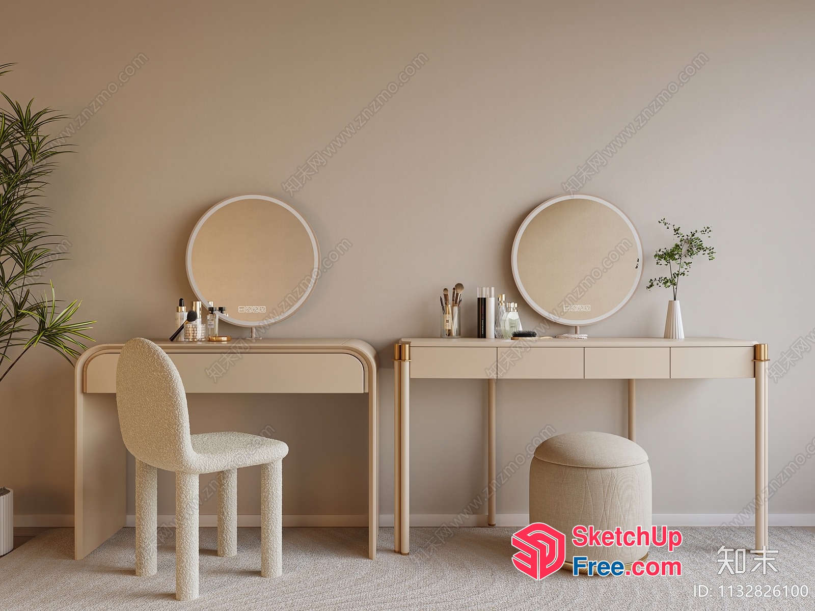 Creamy Style Makeup Station With Round Mirrors And Vanity Desk 3D SketchUp File