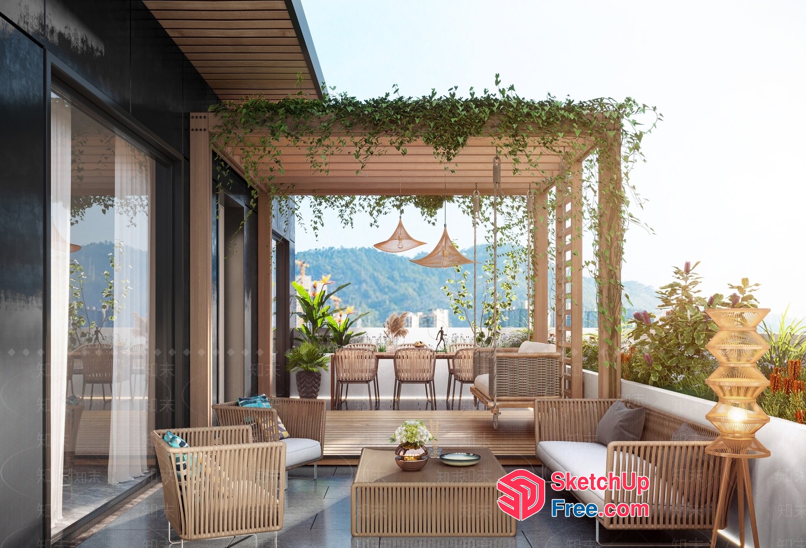Modern Outdoor Patio With Natural Wood Accents 3D SketchUp File