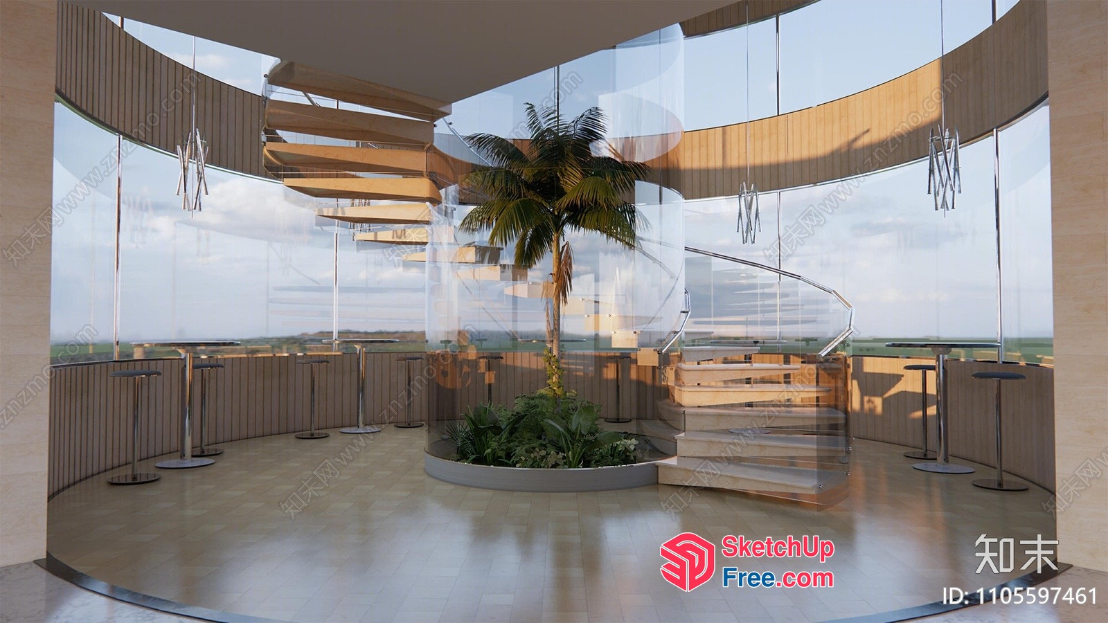 Palm Tree Centerpiece In Modern Glass And Wood Interior 3D SketchUp File