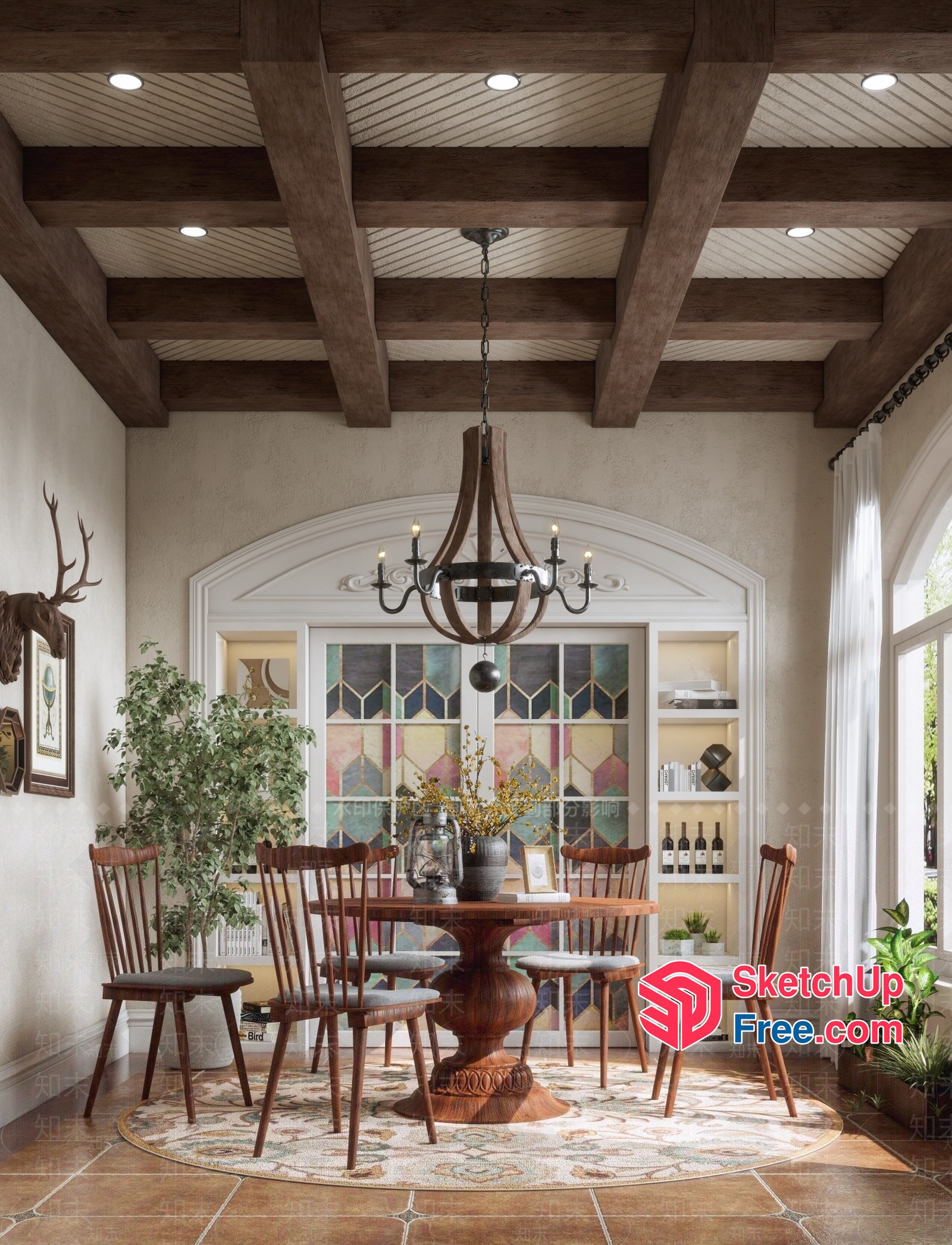 Rustic Dining Room With Wooden Table And Chairs 3D SketchUp File