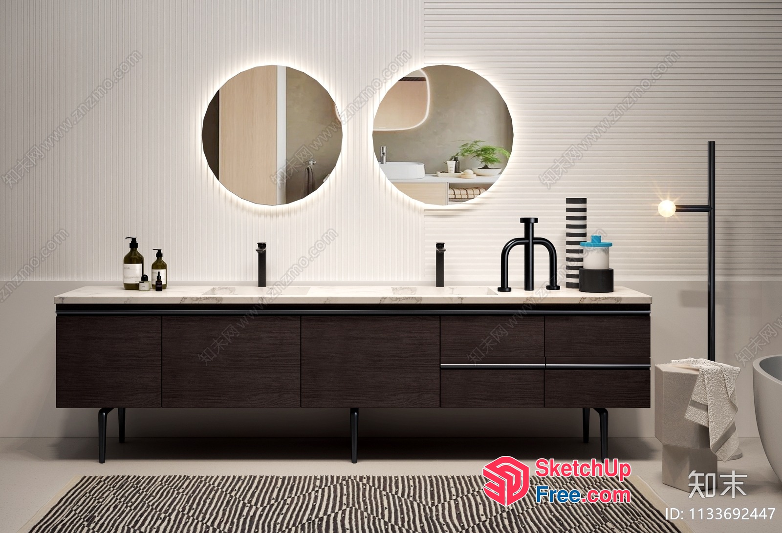Modern Bathroom Vanity With Marble Countertop And Dark Wood Cabinets 3D SketchUp File