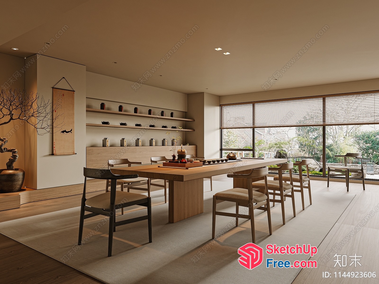 Minimalist Japanese Style Dining Room With Natural Wood Furniture 3D SketchUp File