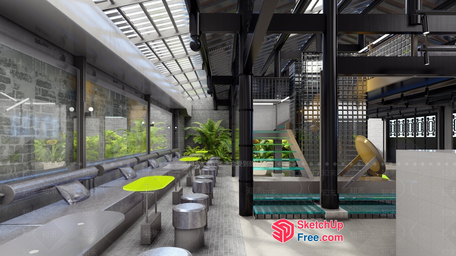 Modern Industrial-Style Staircase With Green Accents 3D SketchUp File