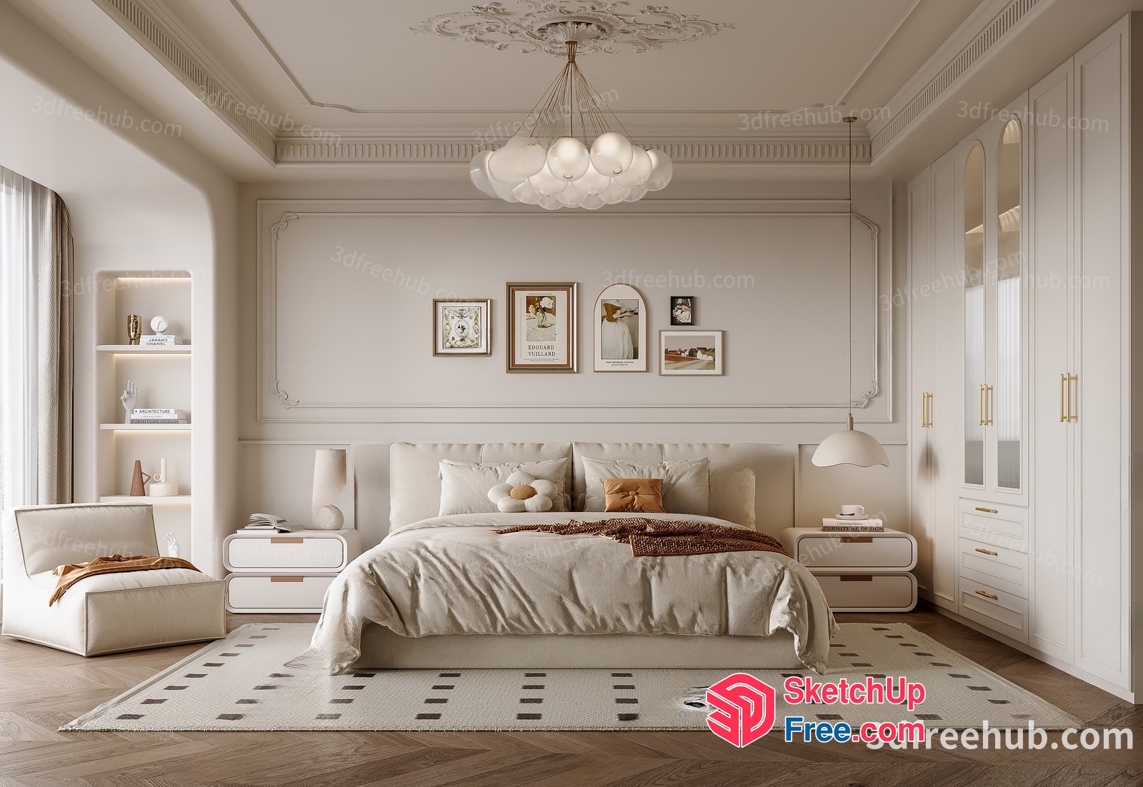 Luxurious Bedroom With Creamy Style And Classic Moulding 3D SketchUp File