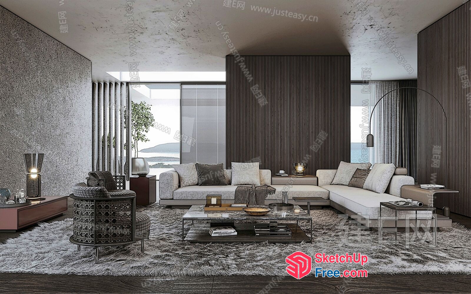 Modern Living Room With White And Brown Furniture 3D SketchUp File