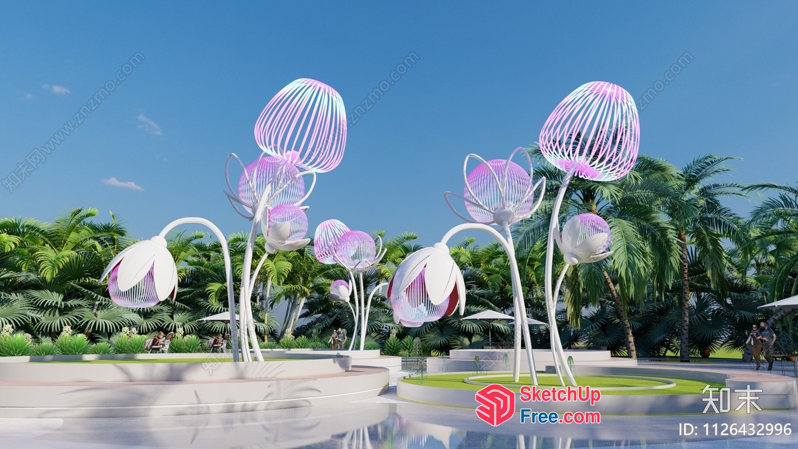 Futuristic White And Pink Flower Sculptures In Tropical Garden 3D SketchUp File
