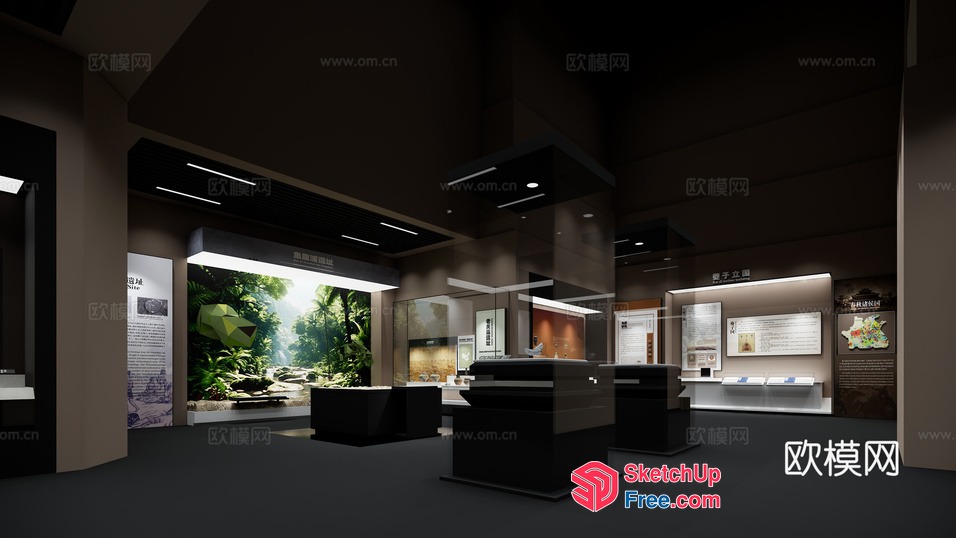 Museum Display Room With Dark Ceiling And Pillars 3D SketchUp File