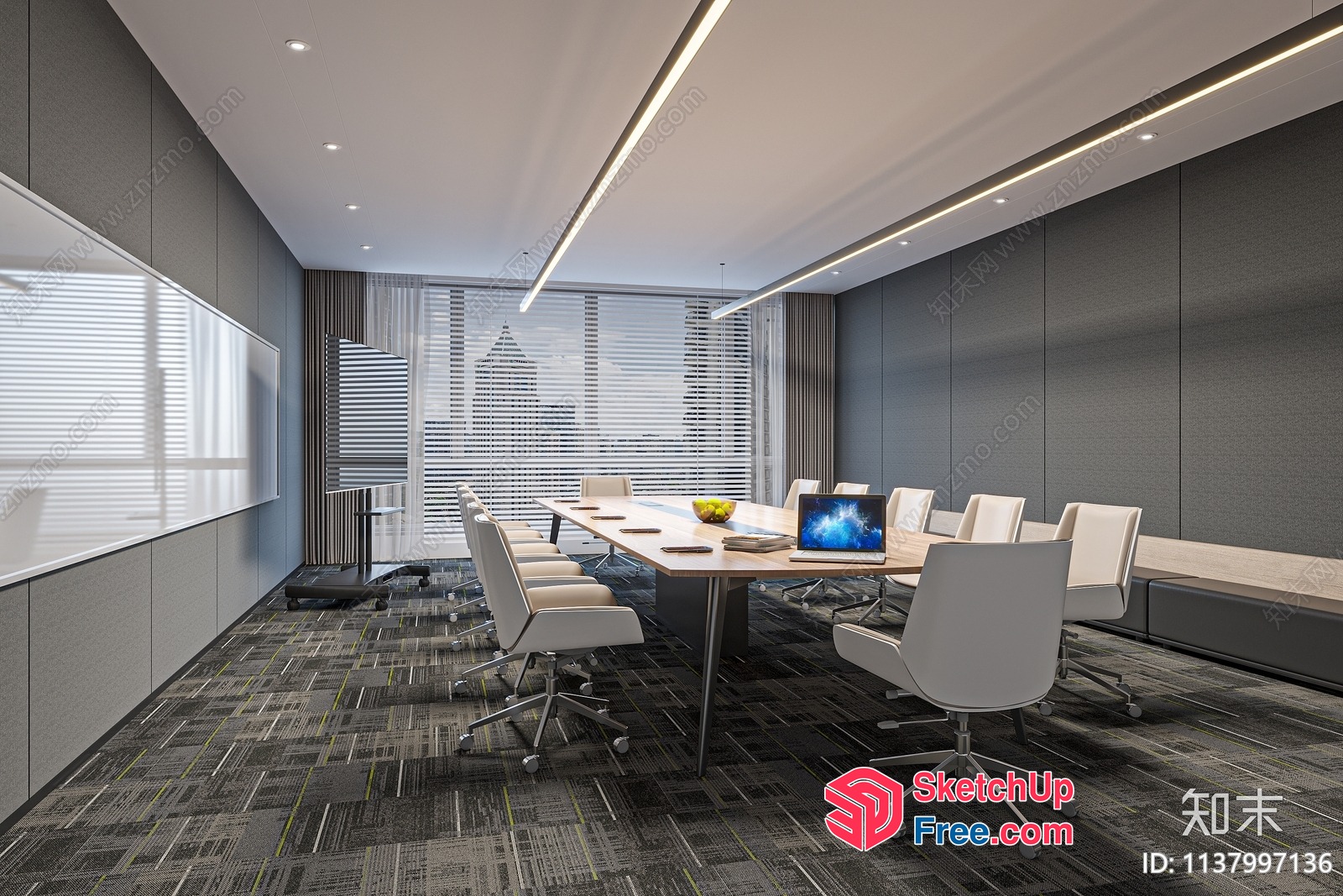 Modern Office Conference Room With Large Windows And City View 3D SketchUp File