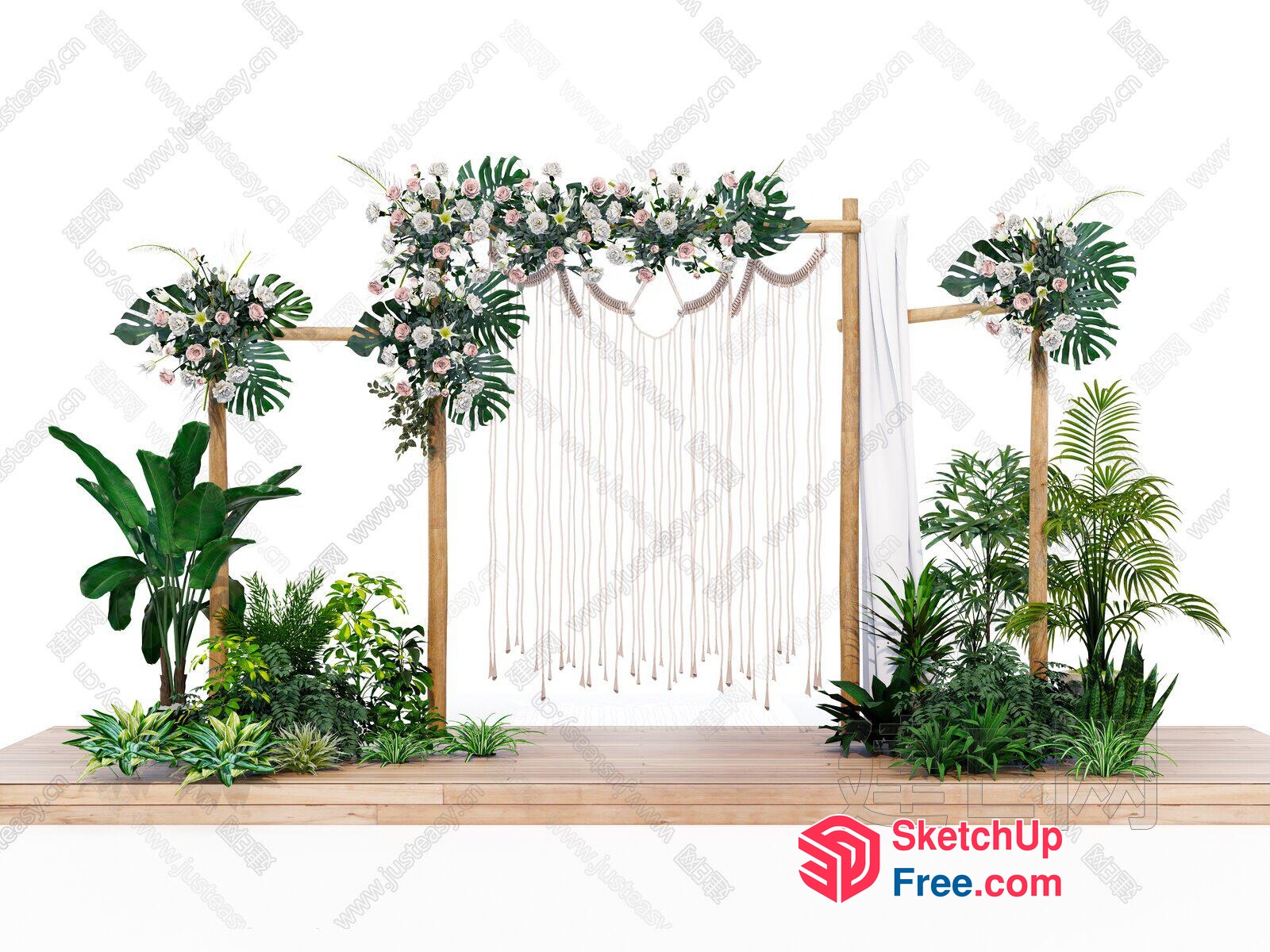 Elegant Tropical Wedding Stage With Macrame Curtain And Floral Decor 3D SketchUp File