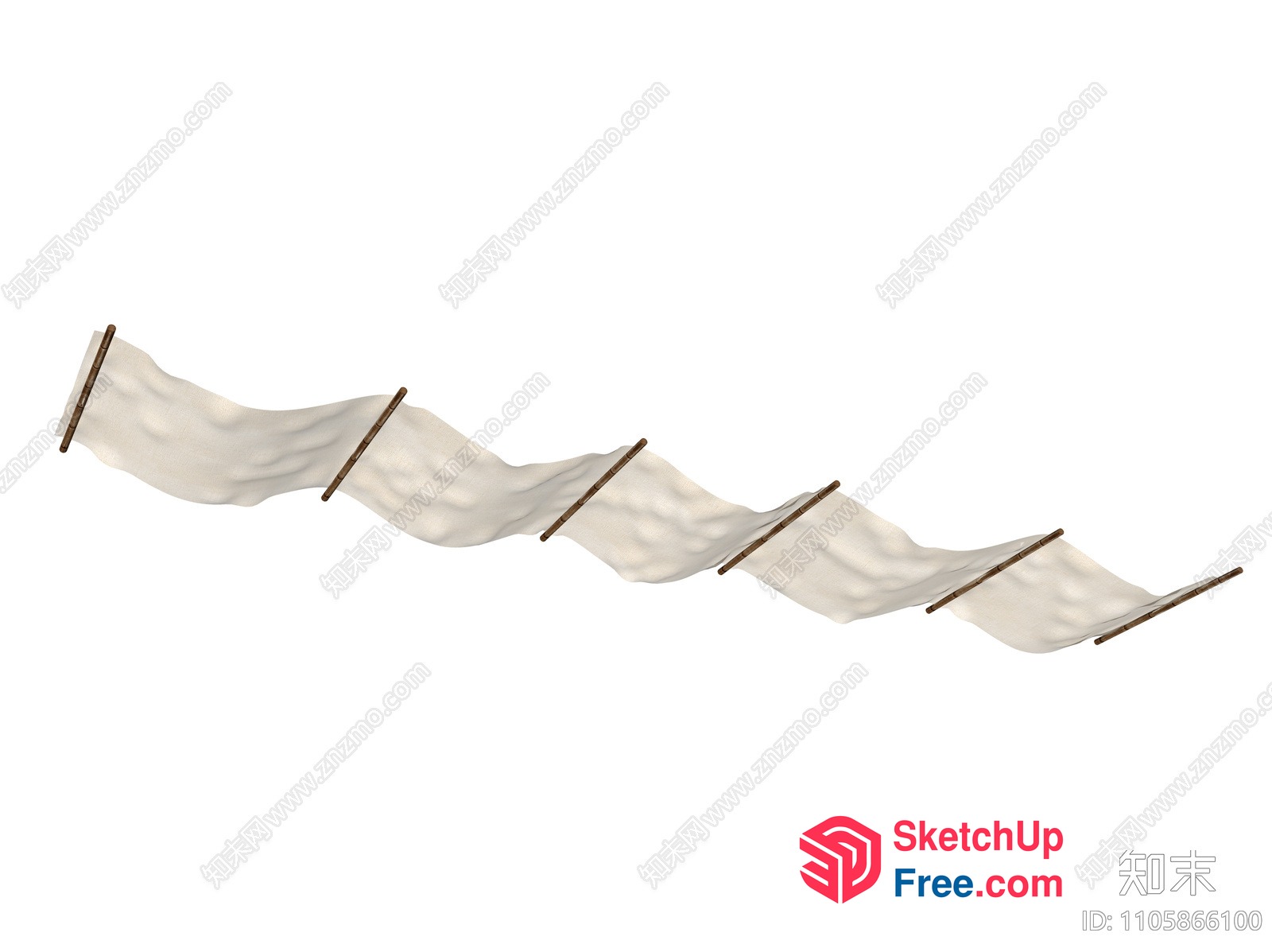A Long, White, Wavy Banner Hanging From A Brown Pole 3D SketchUp File