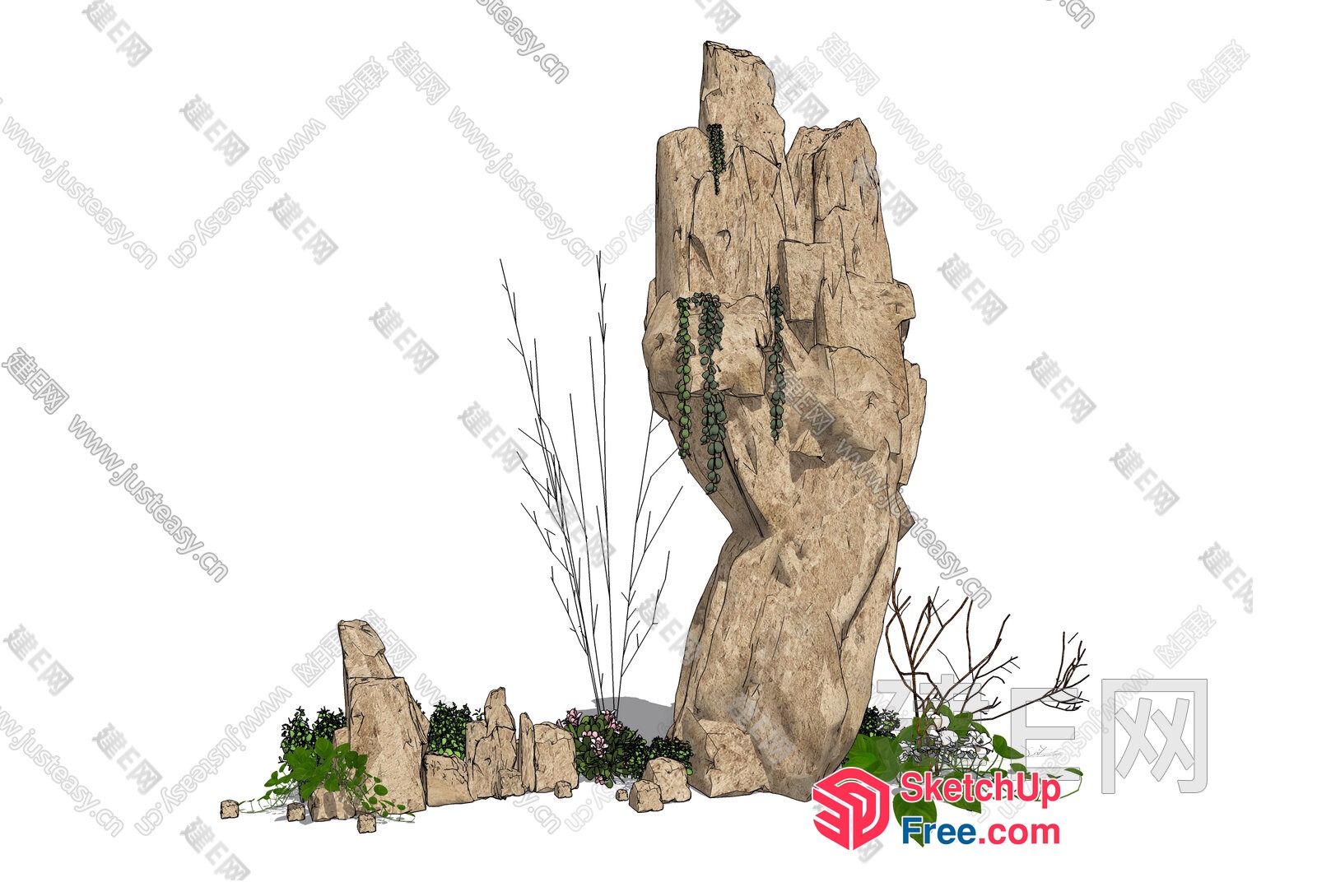 Unique Rock Formation With Plants And Branches 3D SketchUp File