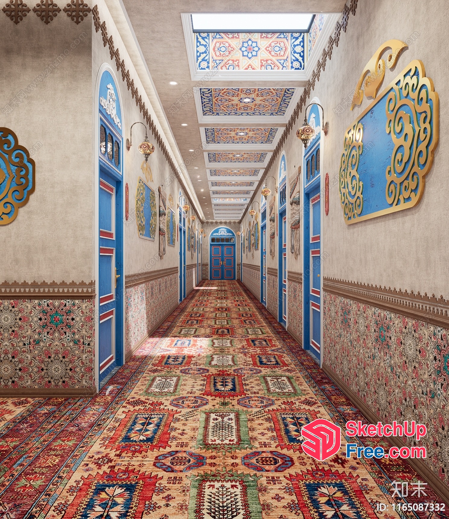 Ornate Hallway With Vibrant Rugs And Blue Doors 3D SketchUp File
