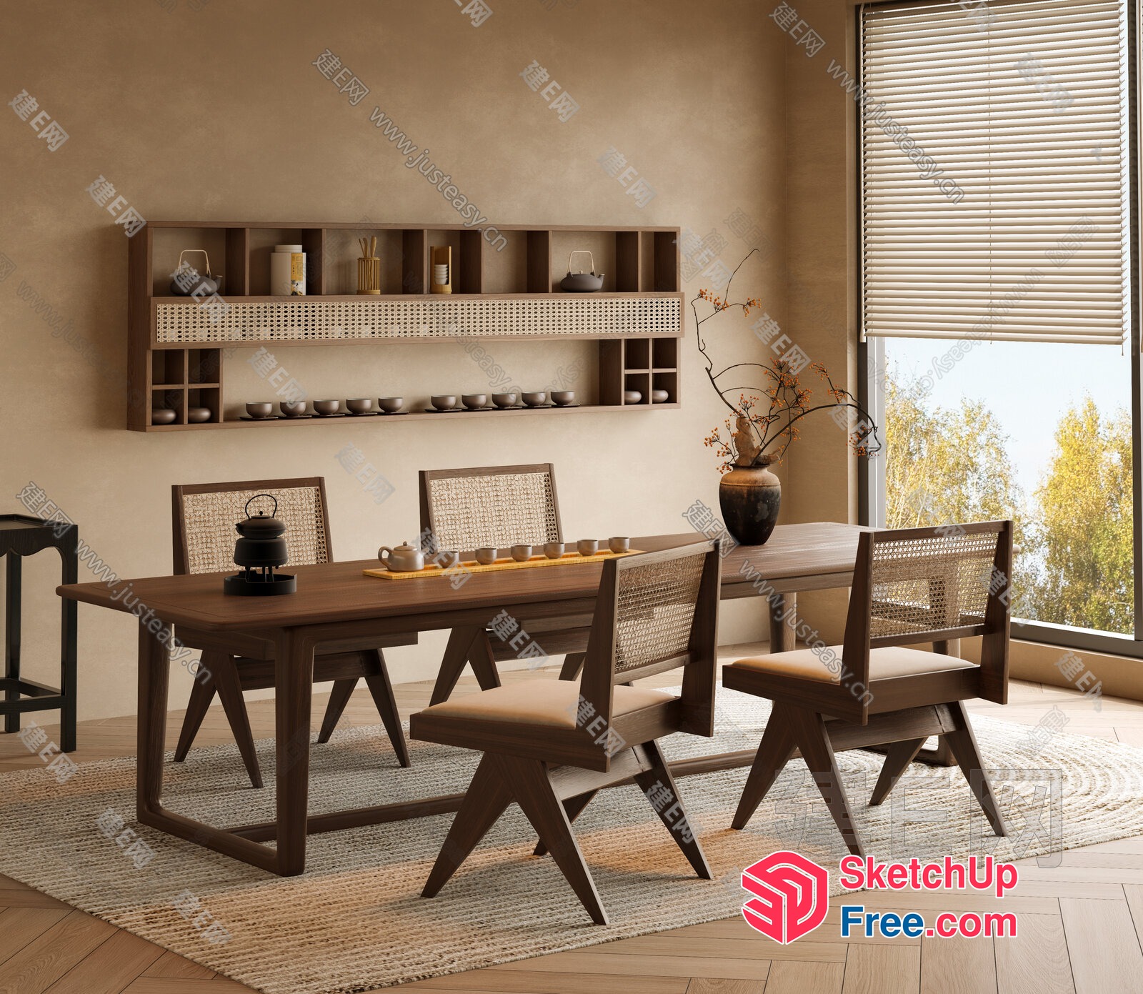 Modern Dining Room With Wooden Table And Chairs 3D SketchUp File