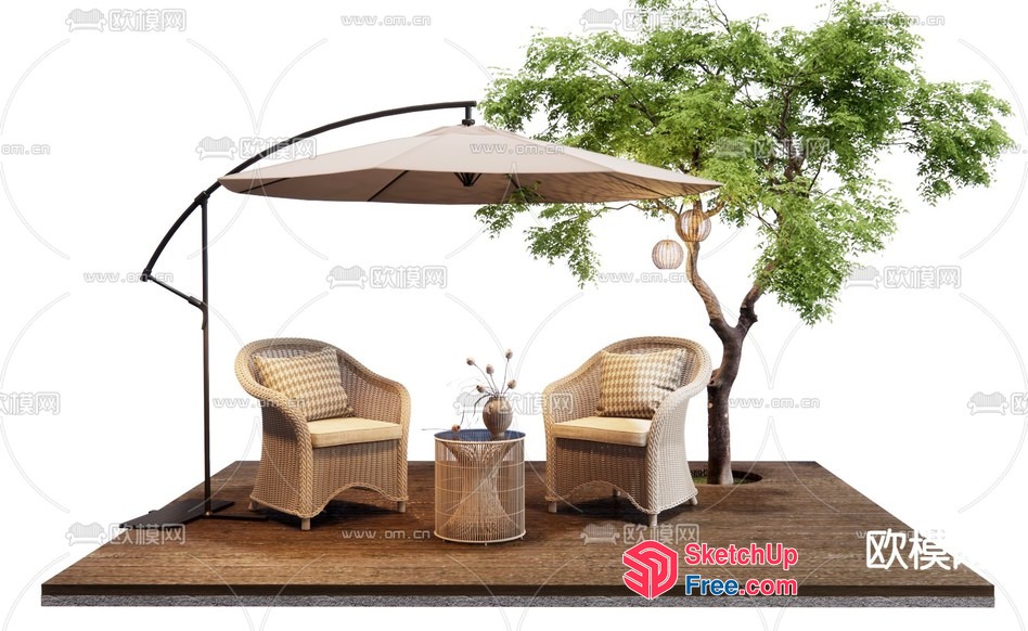 Outdoor Seating Area With Rattan Furniture And Umbrella 3D SketchUp File