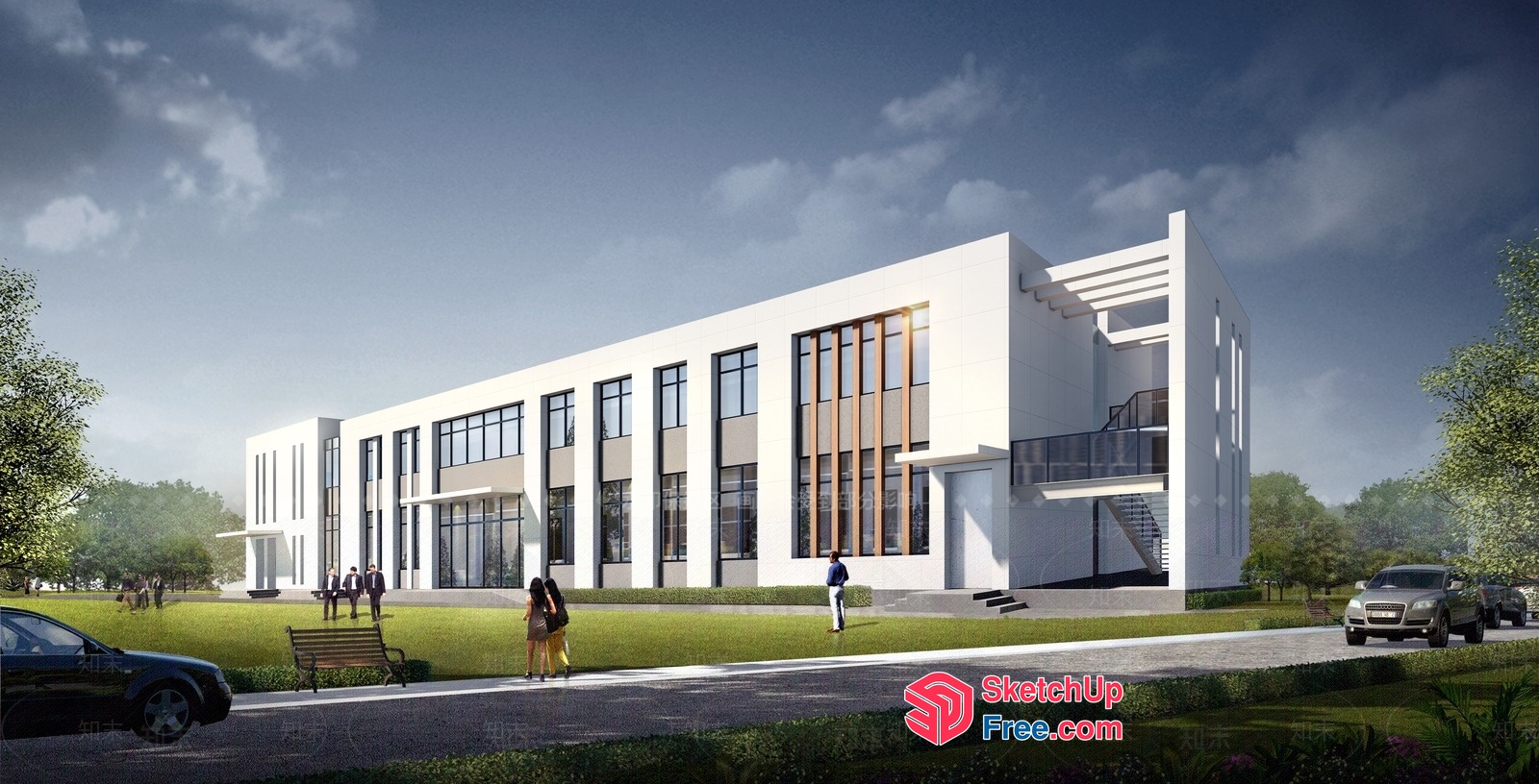 Modern White Building With Large Windows And Stairs 3D SketchUp File