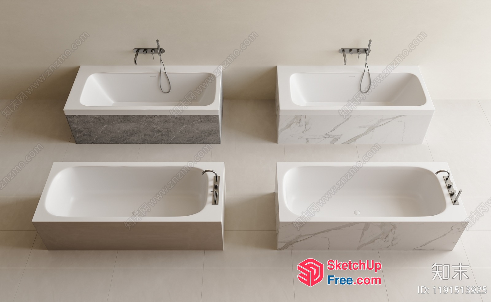 Modern White And Gray Marble Bathroom Sink And Bathtub 3D SketchUp File